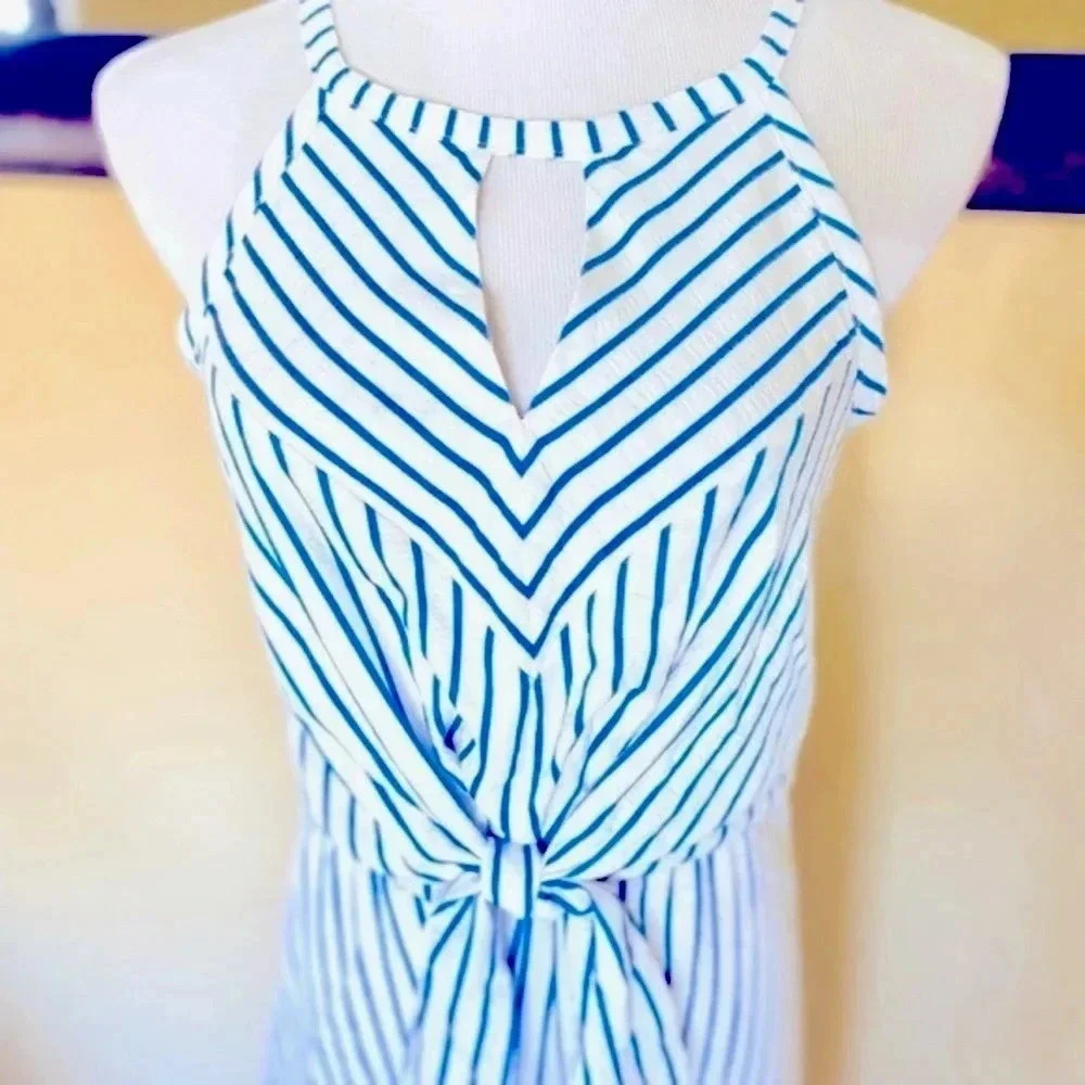 London Times Striped Halter Midi Dress Blue White Tie Front 8 NWOT - Picture 4 of 10